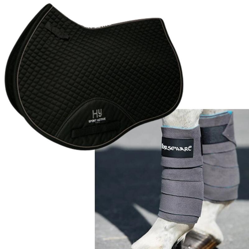Hy Sport Active Close Contact Saddlepad Full - Black + Horseware Fleece Bandages - Charcoal
