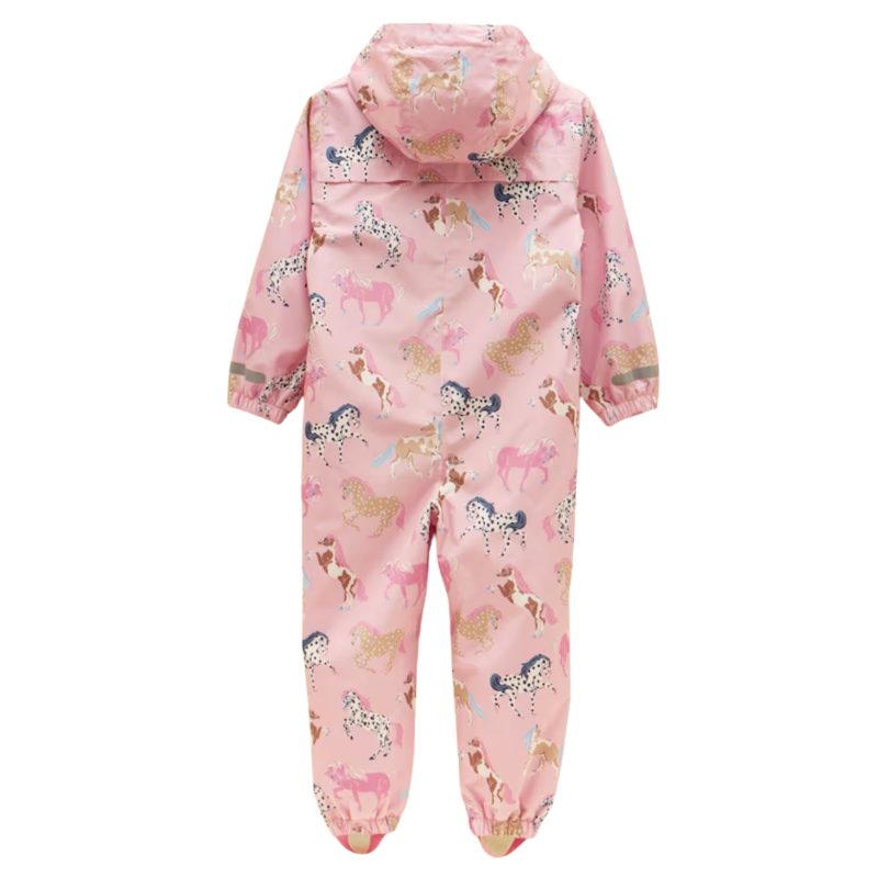 Joules Girls' Raindrop Waterproof Packaway Puddlesuit - Pink Horse-1