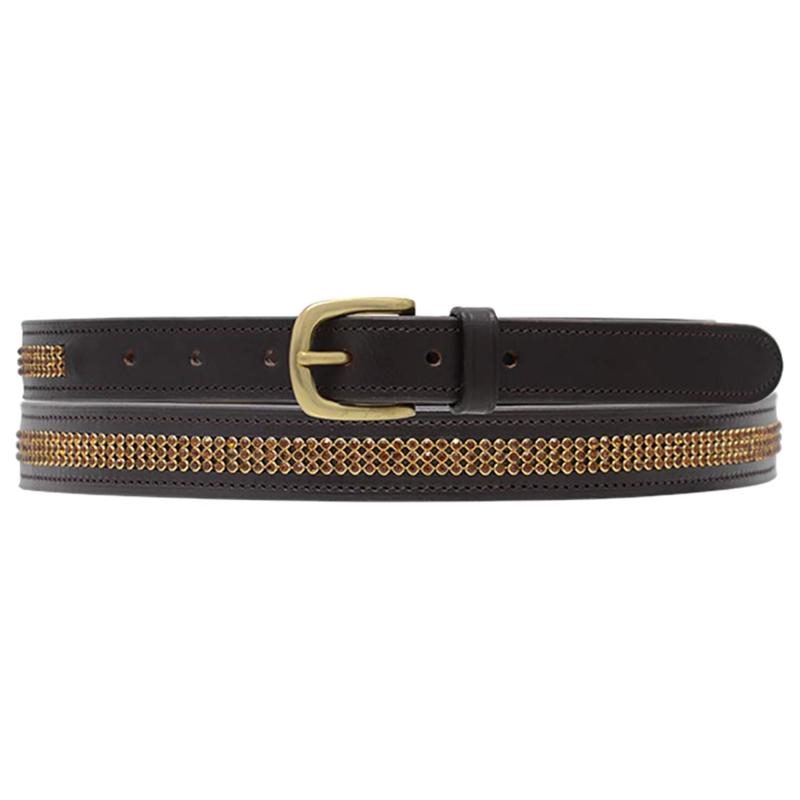 Hy Crystal Diamante Leather Belt - Brown - Gold Diamante - 90cm