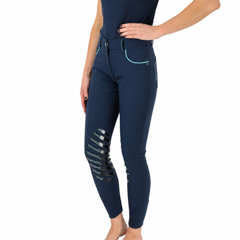Hy Equestrian Mizs Beatrice Silicone Breeches - Navy/Peppermint Green - 22 inch