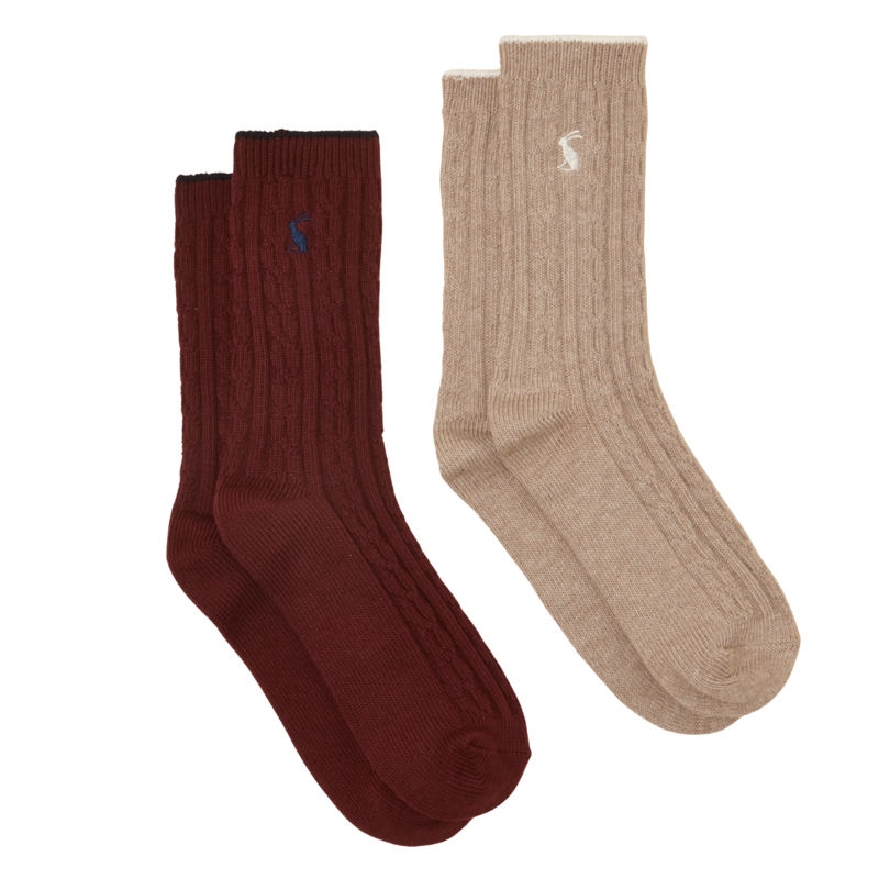 Joules Ladies Cable 2 Pack Socks - Oat/Berry