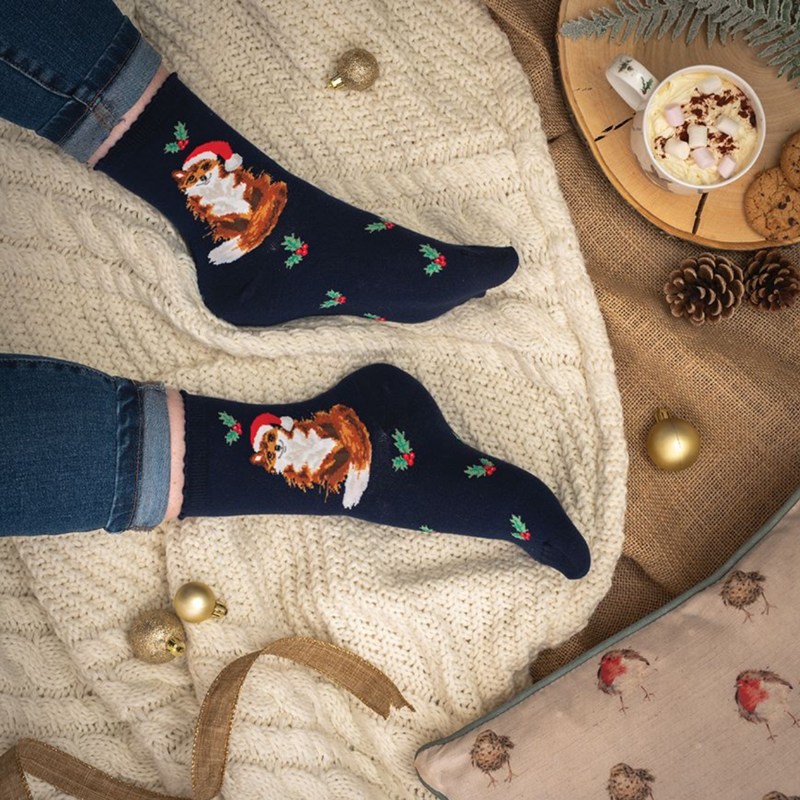 Wrendale Designs 'Festive Fox' Christmas Socks - Navy-1
