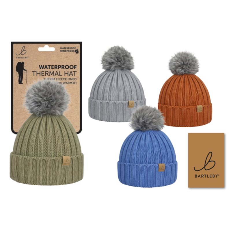 Bartleby Chunky Rib Sherpa Lined Waterproof Bobble Hat - Assorted