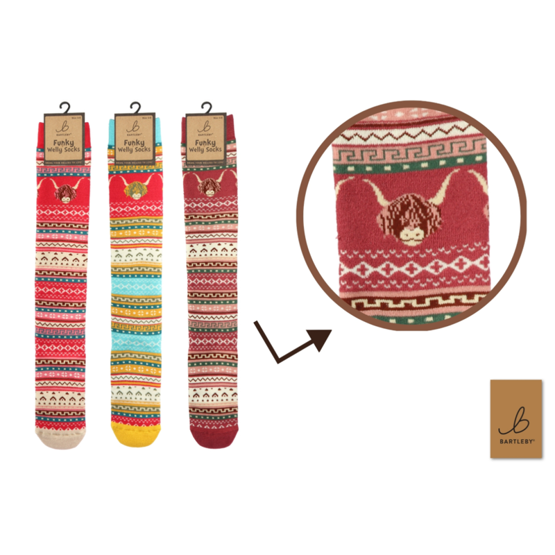 Bartleby Ladies Assorted Welly Socks - Size UK 4-8 - Nordic Highland Cow