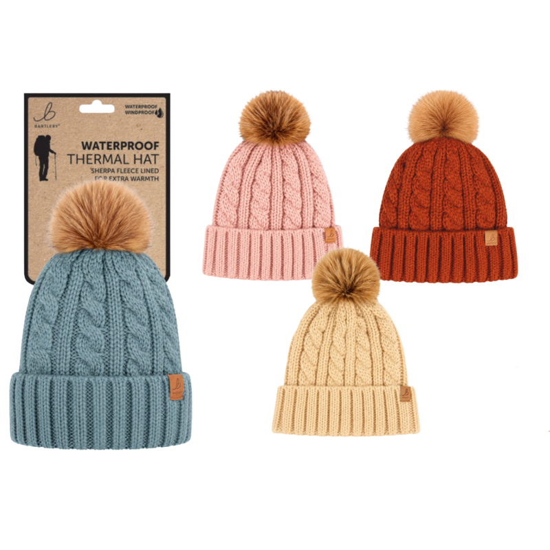 Bartleby Ladies Sherpa Lined Cable Knit Waterproof Bobble Hat - Assorted