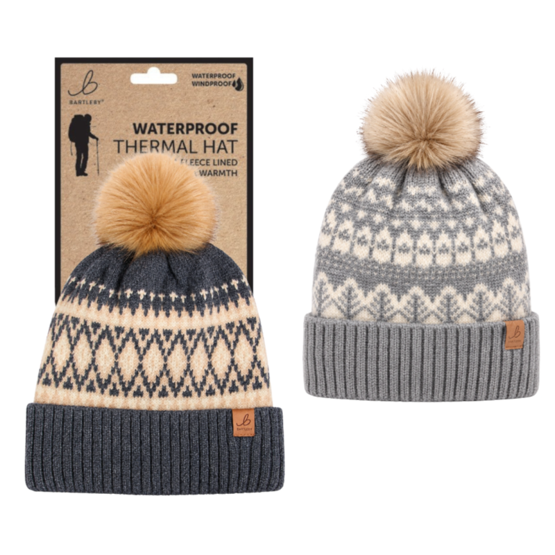 Bartleby Ladies Sherpa Lined Waterproof Bobble Hat - Nordic Assorted