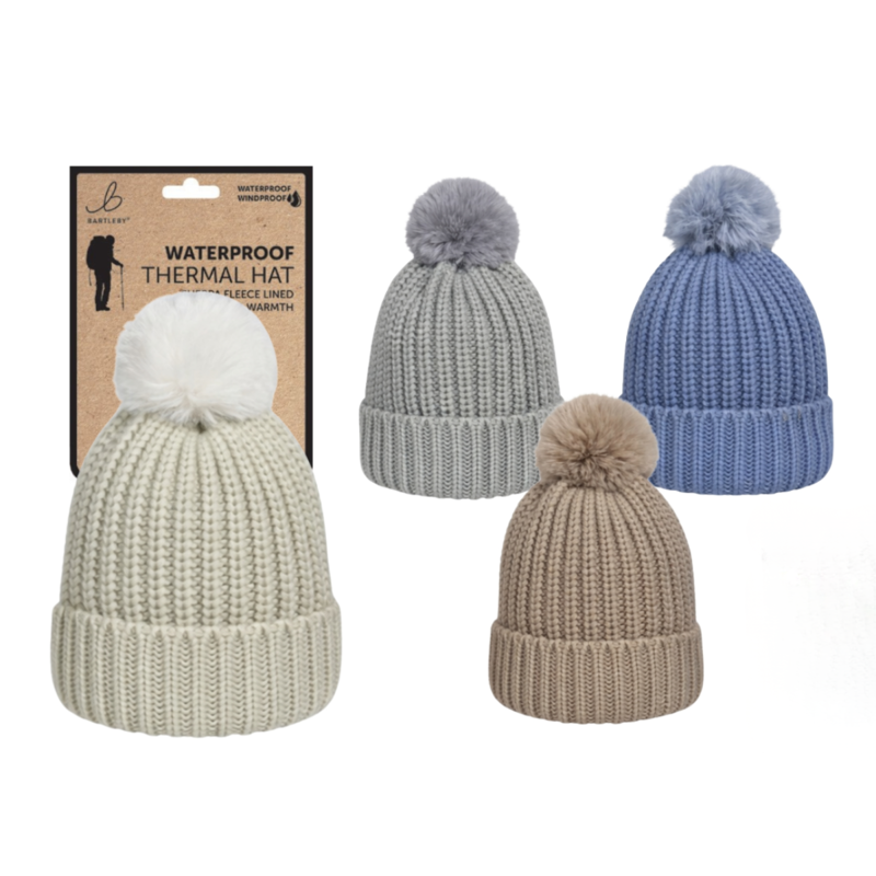 Bartleby Ladies Sherpa Lined Chunky Rib Waterproof Bobble Hat - Assorted