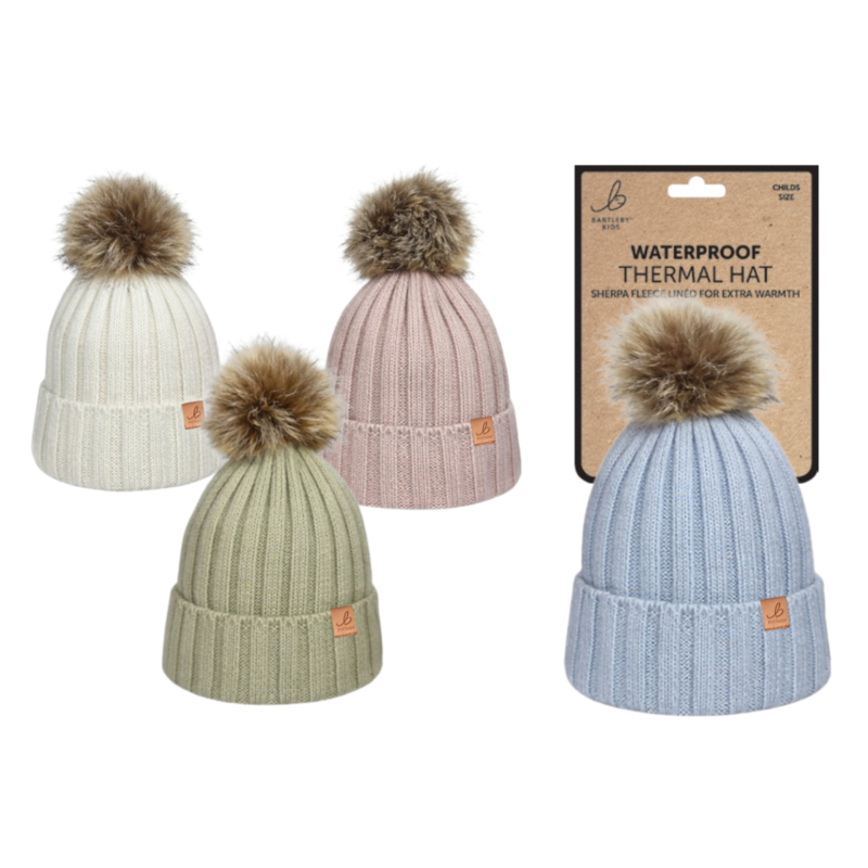 Bartleby Girls' Sherpa Lined Ribbed Waterproof Bobble Hat  - Assorted