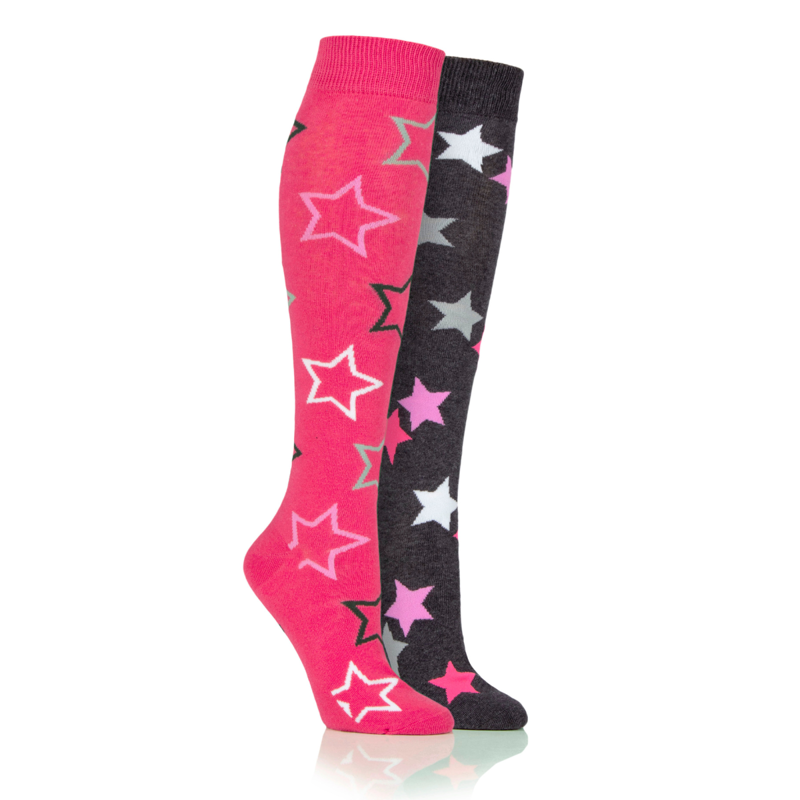 Storm Bloc Ladies 2 Pack York Jacquard Star Socks - Cerise/Charcoal 