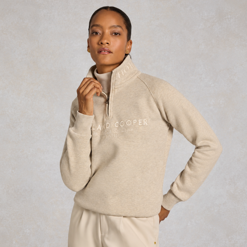 Holland Cooper Sporting Goods Zip Henley - Oatmeal Marl