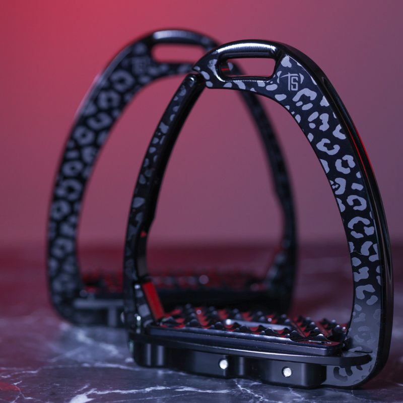 Tech Stirrups Children's' Venice Sloped Evo Safety Stirrups Untamed Collection Leopard Stirrups - Black-1