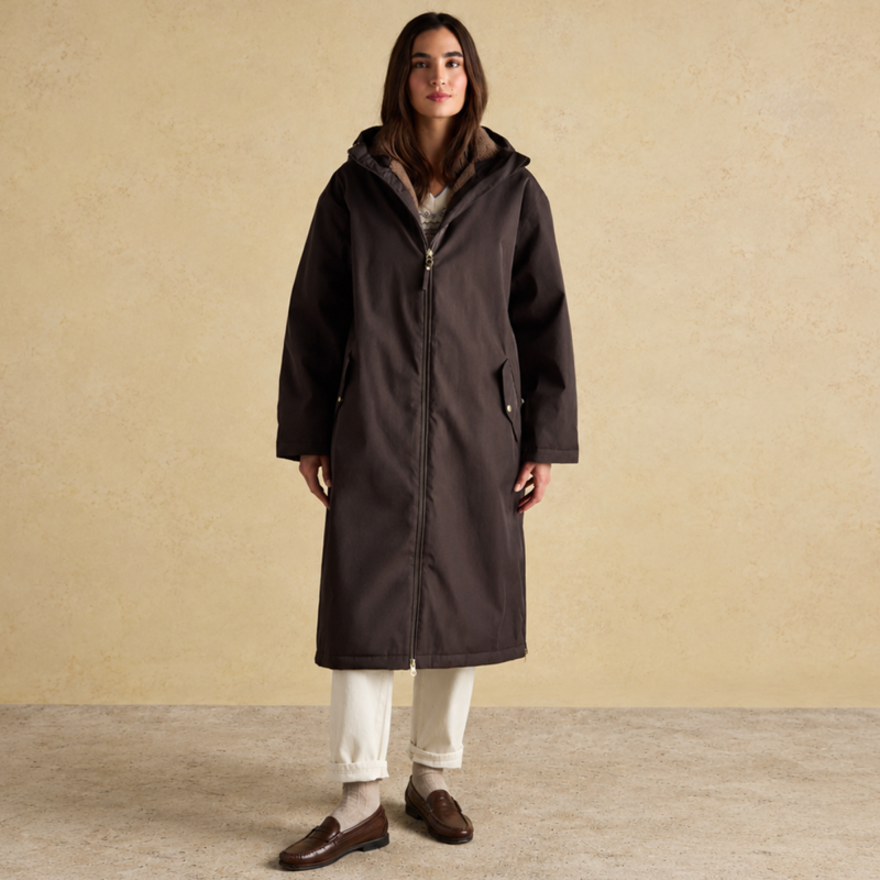 Joules Ladies Coverall Oversized Fleece Lined Waterproof Coat - Chocolate