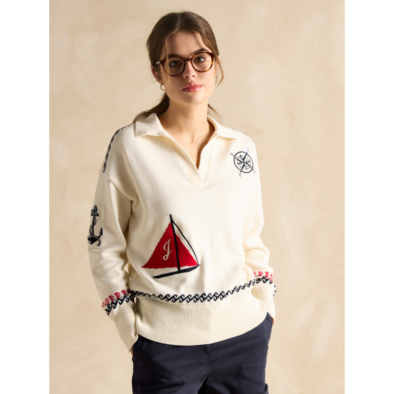 Joules Ladies Sail Away Embroidered Knitted Jumper - Cream-1