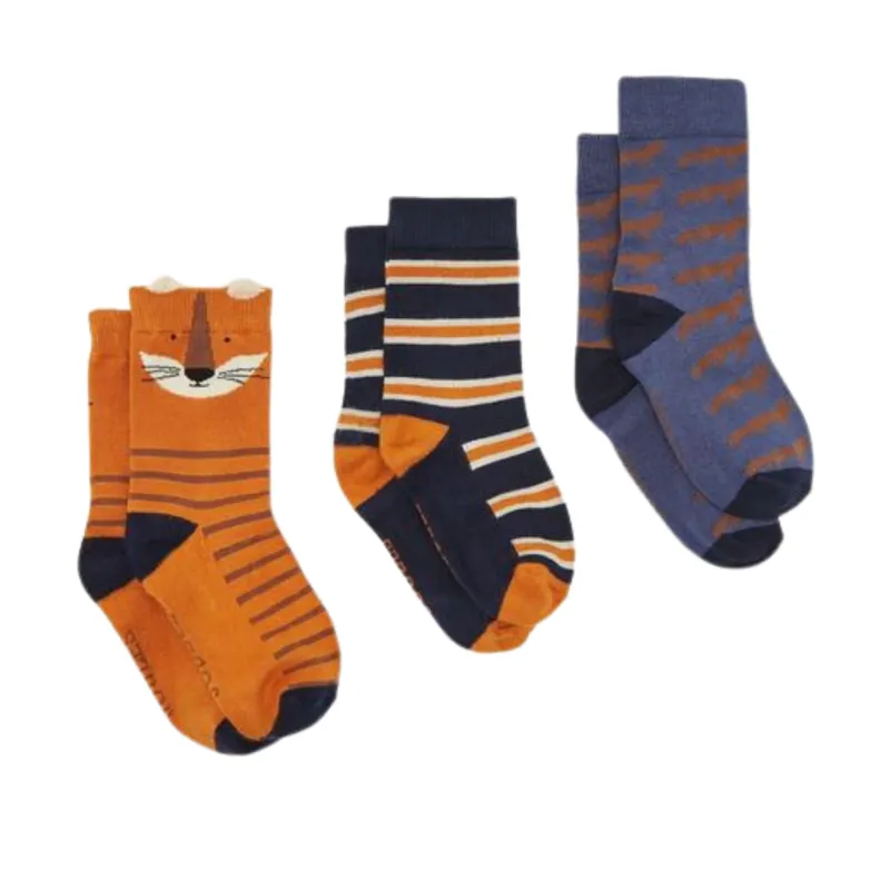 Joules Junior Neat Feet 3 Pack Socks - Fox
