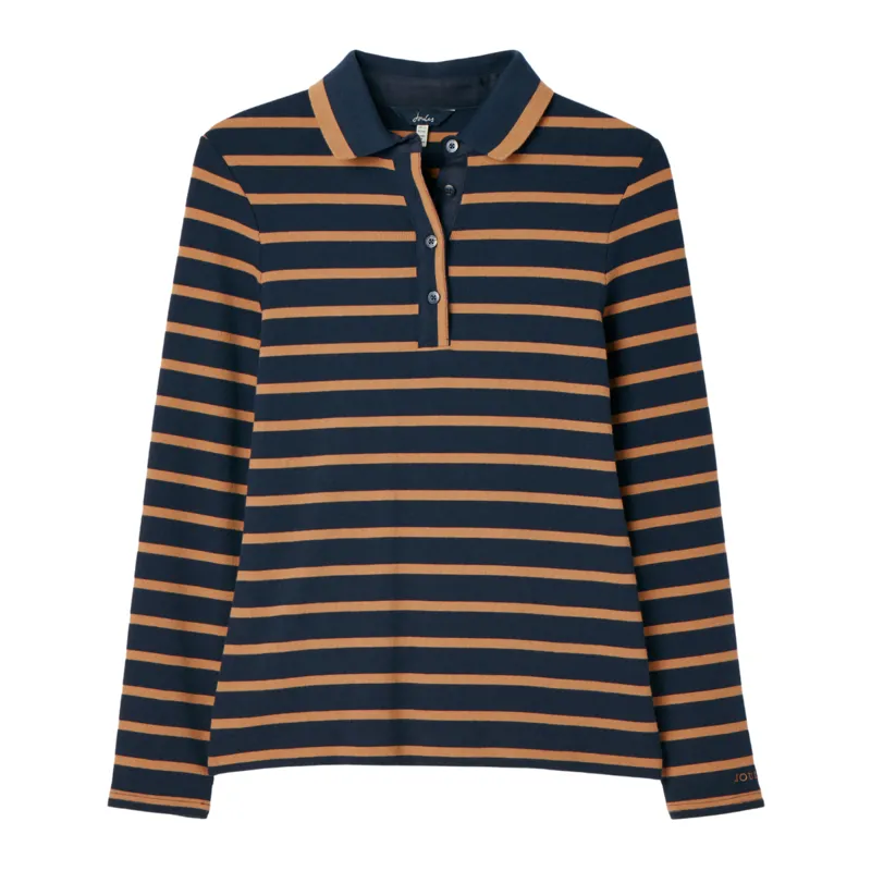 Joules Ladies Fairfield Long Sleeve Ribbed Polo Shirt - Navy/Tan