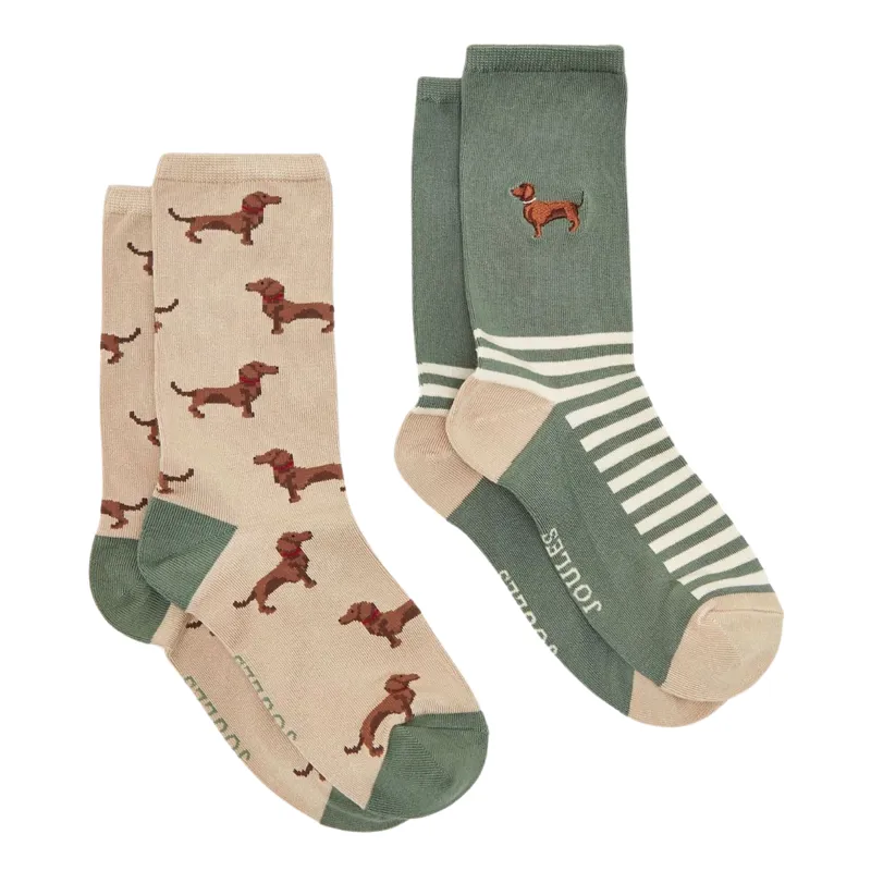Joules Ladies Everyday 2 Pack Socks - Green Dog