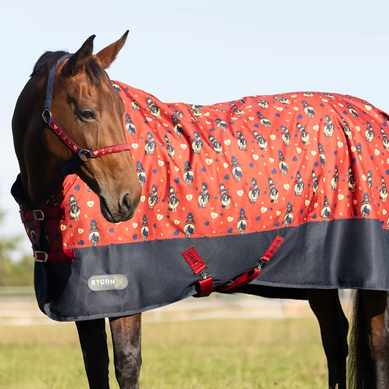Hy StormX Original 50 Turnout Rug - Thelwell Collection Balancing Act - Red/Navy-1