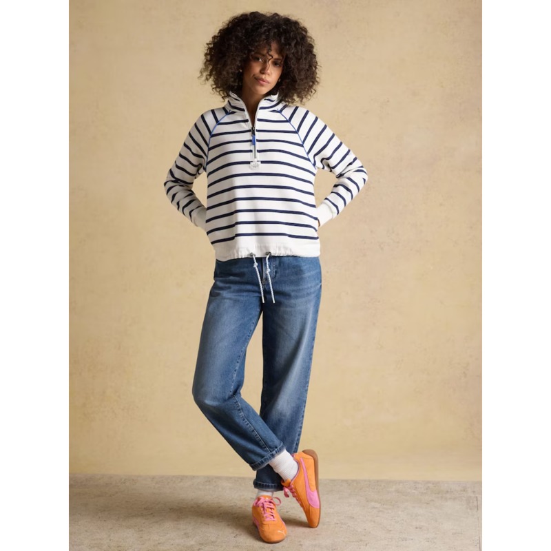 Joules Ladies Salcombe Quarter Zip Cotton Sweatshirt - Cream/Navy-4