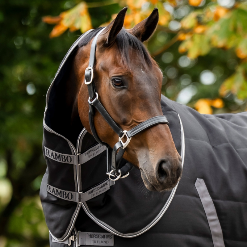 Horseware Rambo 200g Stable Rug Hood - Black/Thunderstorm Grey/Silver-1