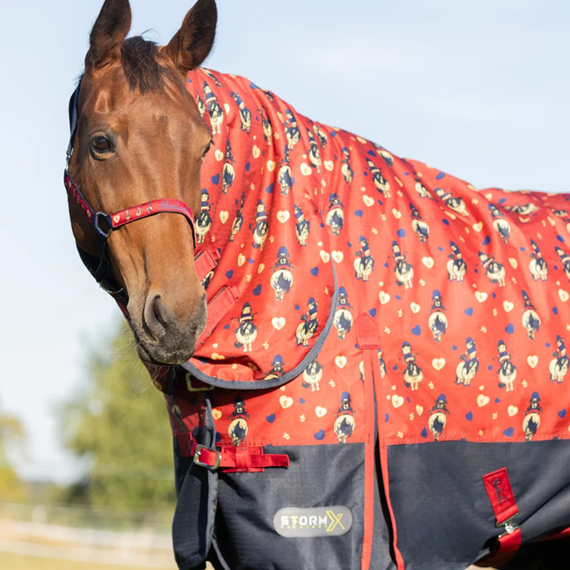 Hy StormX Original 200 Combi Turnout Rug - Thelwell Collection Balancing Act - Red/Navy-1