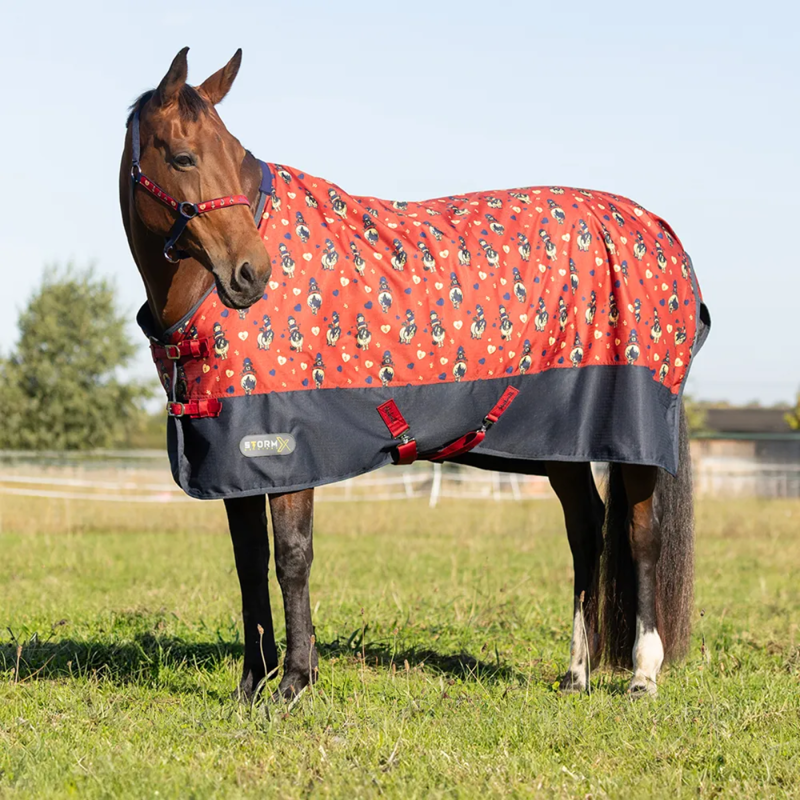 Hy StormX Original 100 Turnout Rug - Thelwell Collection Balancing Act - Red/Navy-1