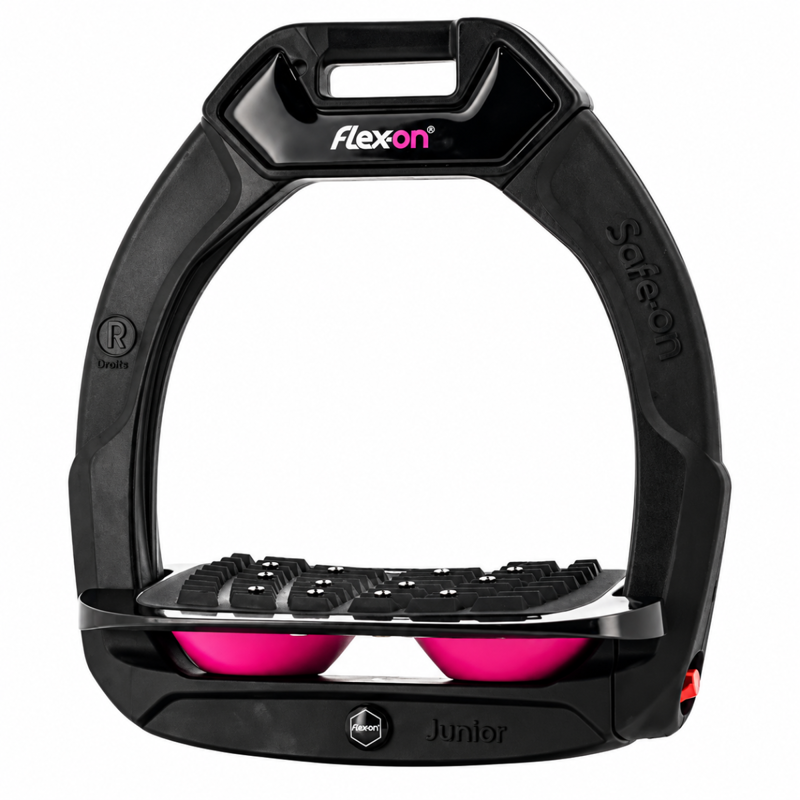 Flex-On Safe-On Junior Inclined Grip Stirrup - Black/Black/Fuchsia