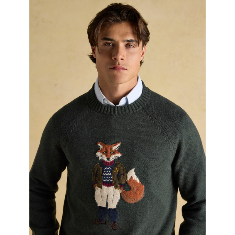 Joules Men's Jonty Intarsia Crew Knit Fox Jumper - Green-3