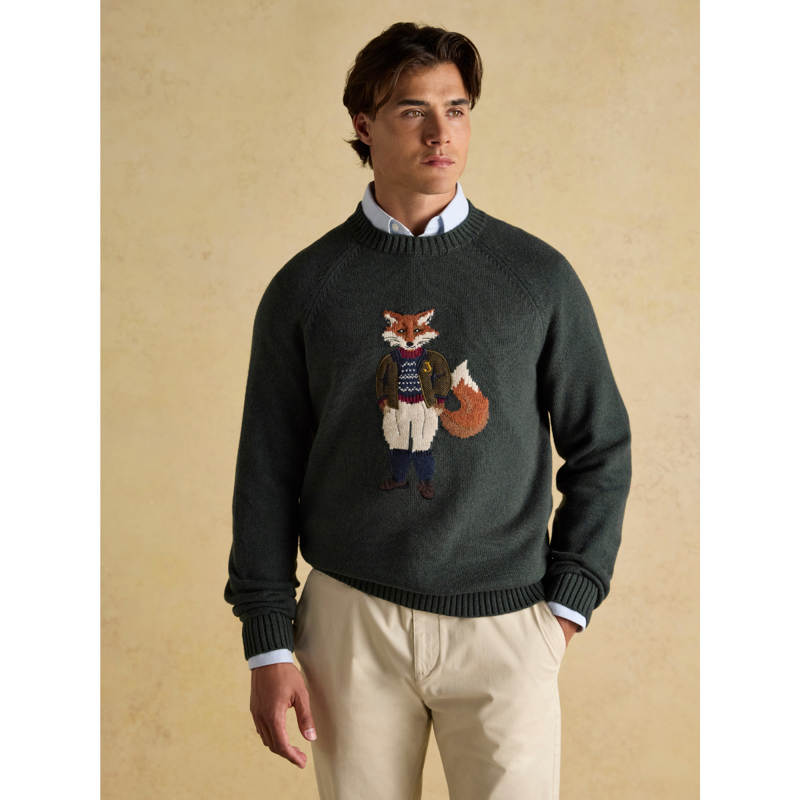 Joules Men's Jonty Intarsia Crew Knit Fox Jumper - Green-1