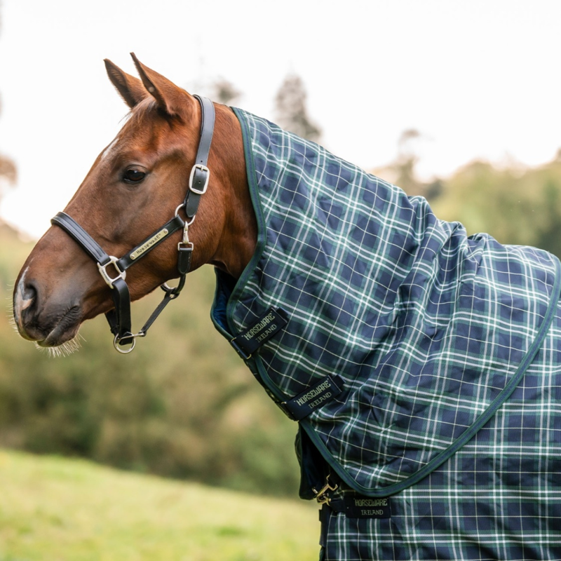 Horseware Rhino 150g Turnout Rug Hood - Hunter Check/Green and Navy