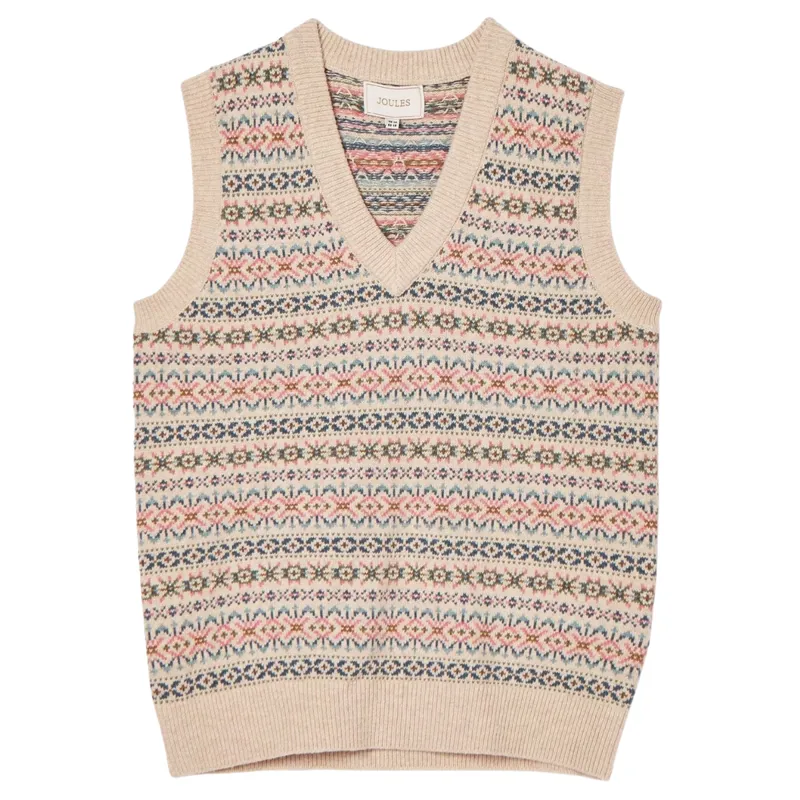Joules Ladies Islay V Neck Fair Isle Knitted Vest - Oat