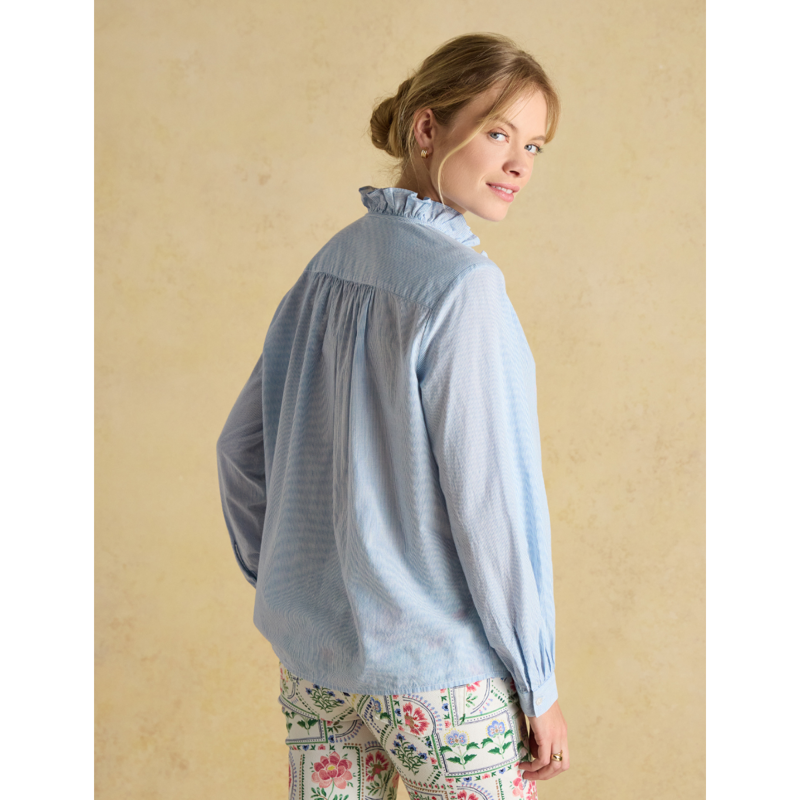 Joules Ladies Melanie Cotton Ruffle Blouse - Blue/White-2