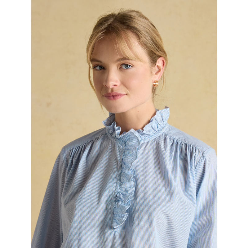 Joules Ladies Melanie Cotton Ruffle Blouse - Blue/White-6