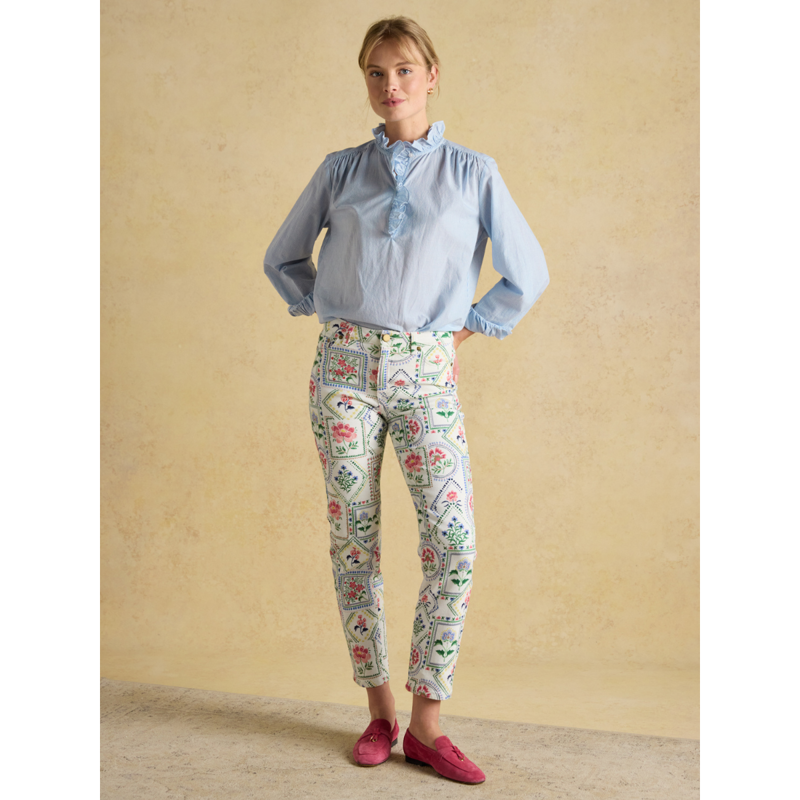 Joules Ladies Melanie Cotton Ruffle Blouse - Blue/White-3