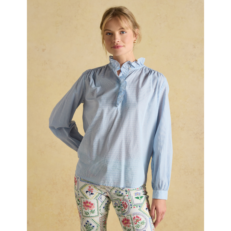 Joules Ladies Melanie Cotton Ruffle Blouse - Blue/White-1