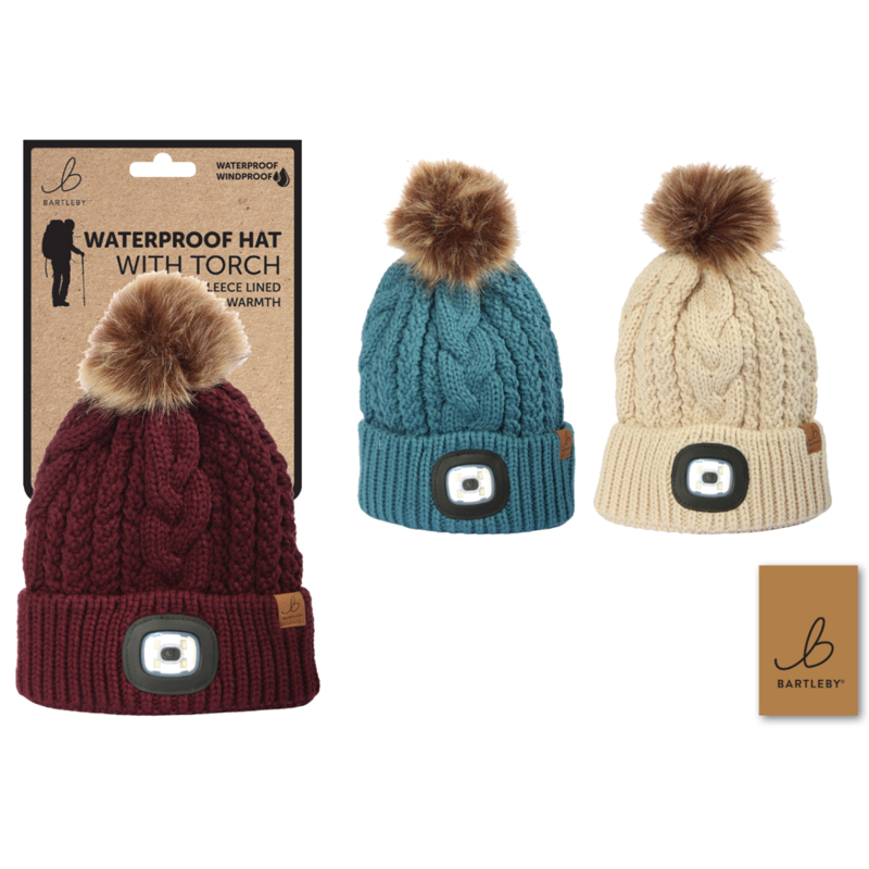 Bartleby Ladies Waterproof Bobble Hat with Light - Assorted Colours