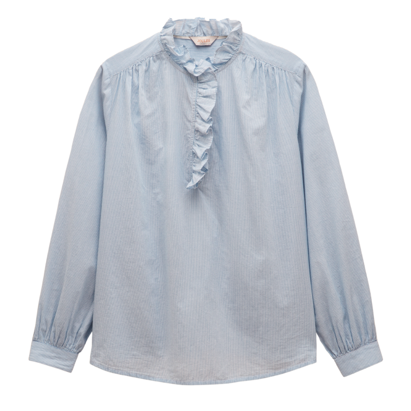 Joules Ladies Melanie Cotton Ruffle Blouse - Blue/White