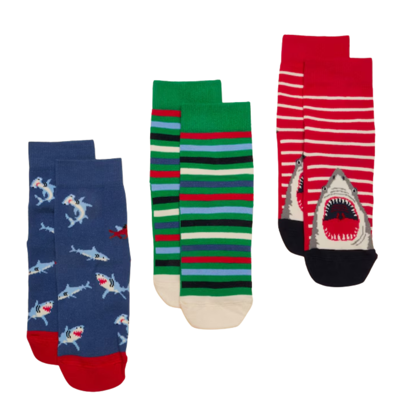 Joules Boys' Eat Feet Socks 3 Pack - Red Blue Shark