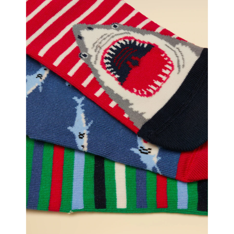 Joules Boys' Eat Feet Socks 3 Pack - Red Blue Shark-2