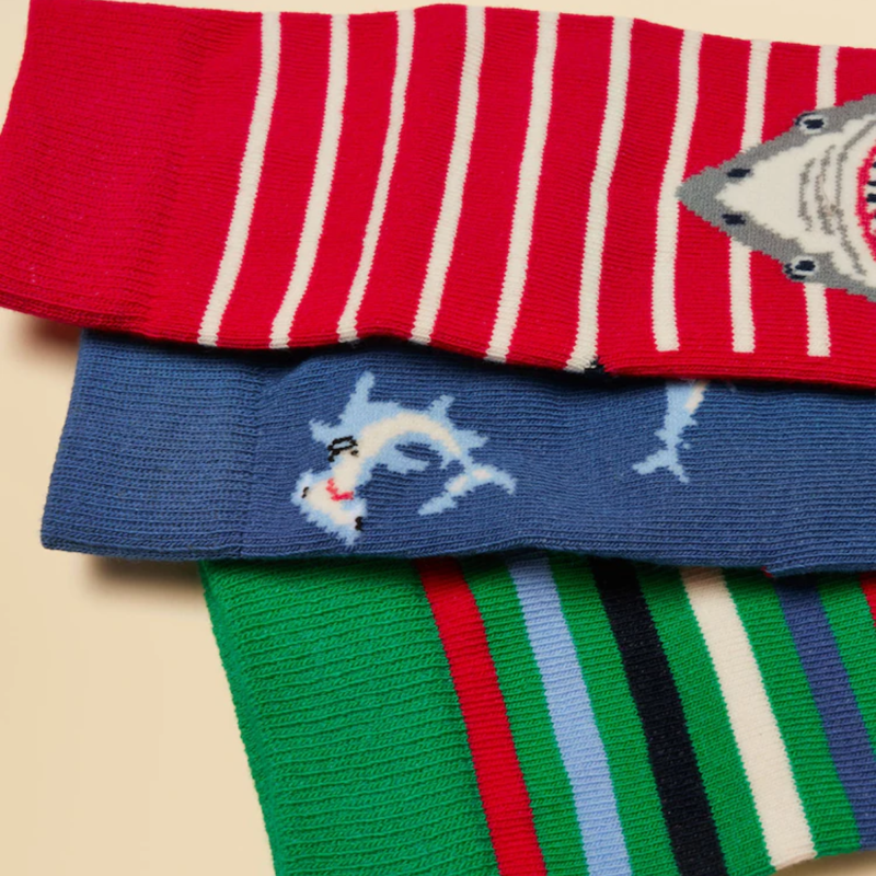 Joules Boys' Eat Feet Socks 3 Pack - Red Blue Shark-1