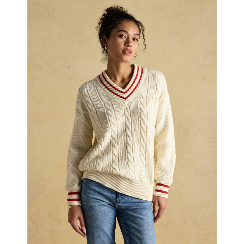 Joules Ladies Dibly Cotton Cable Knit Cricket Jumper - Cream-1
