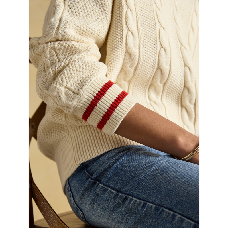 Joules Ladies Dibly Cotton Cable Knit Cricket Jumper - Cream-6