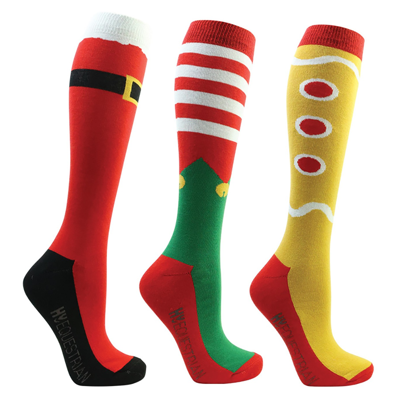 Hy Equestrian Festive Feet Children's Xmas Socks 3 Pack - Red/White/Gold