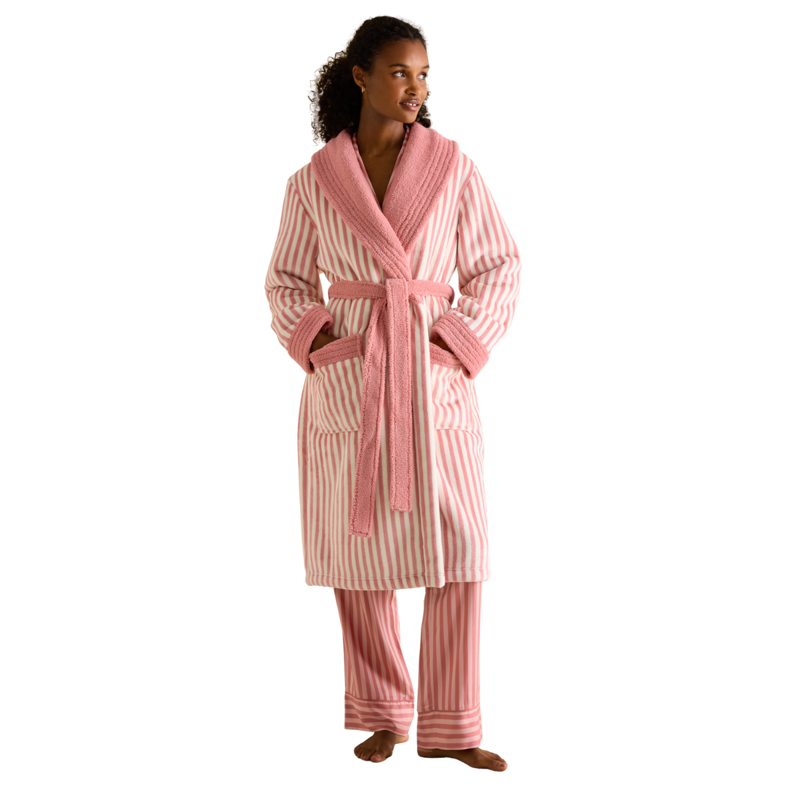 Joules Ladies Matilda Fleece Lined Dressing Gown - Pink/White