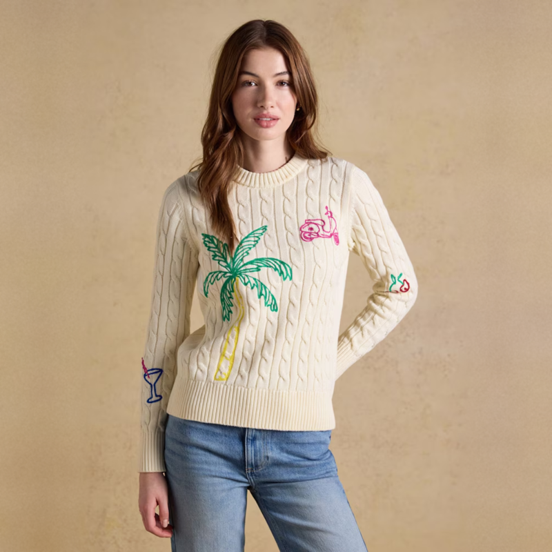 Joules Ladies Embroidered Crew Neck Cable Knit Jumper Jumper - Cream
