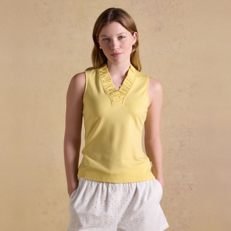 Joules Ladies Heidi Sleeveless Frill Neck Jersey Top - Lemon Yellow