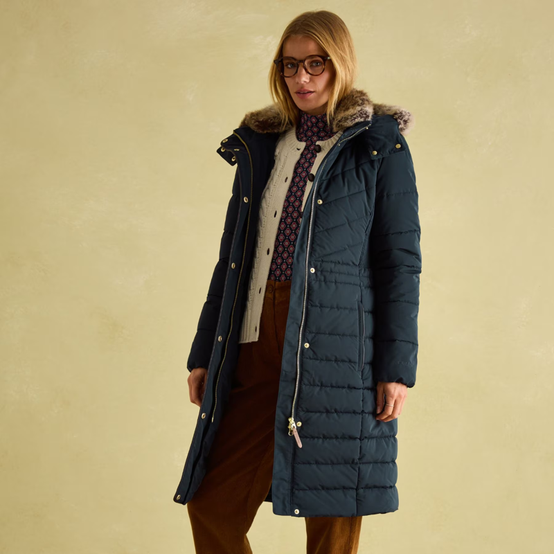 Joules Ladies Cherington Showerproof Longline Padded Coat - Navy-4