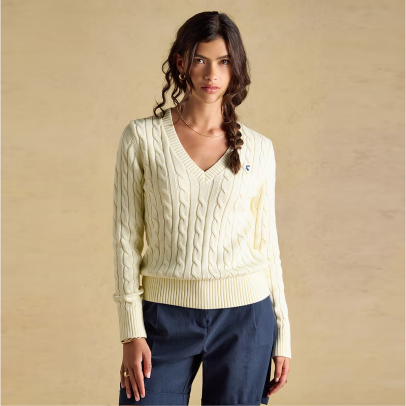 Joules Ladies Classic V-Neck Cable Jumper - Cream