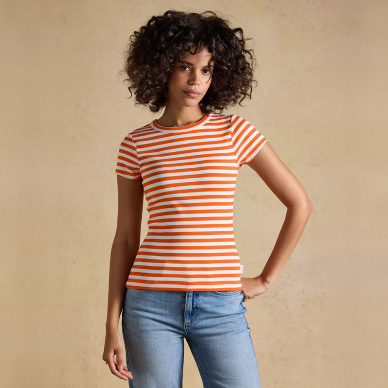 Joules Ladies Sophie Short Sleeve Ribbed T-Shirt - Orange Stripe