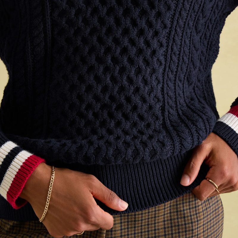 Joules Ladies Dawson Cable Knit Cricket Jumper - Navy-5