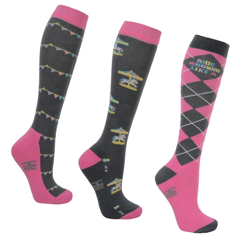 Hy Equestrian Merry Go Round Socks - Grey/Pink